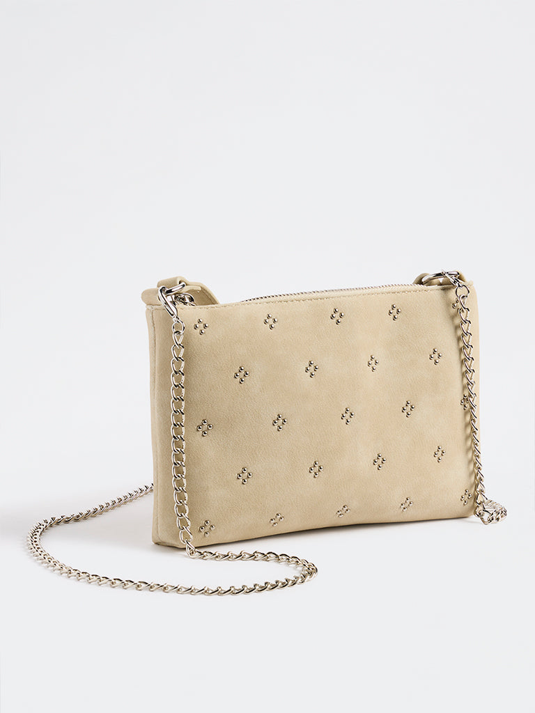 Westside Cream Stud-Detailed Shoulder Bag with Sling Handle