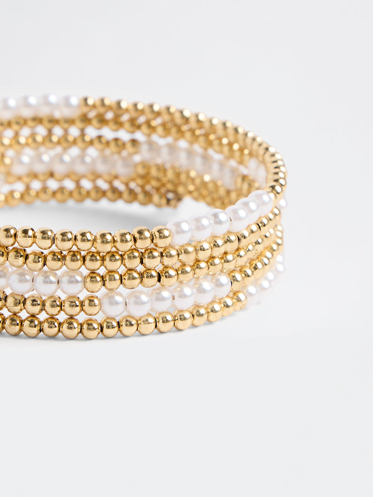 Westside Accessories Gold Beaded and Pearl Coiled Bracelet