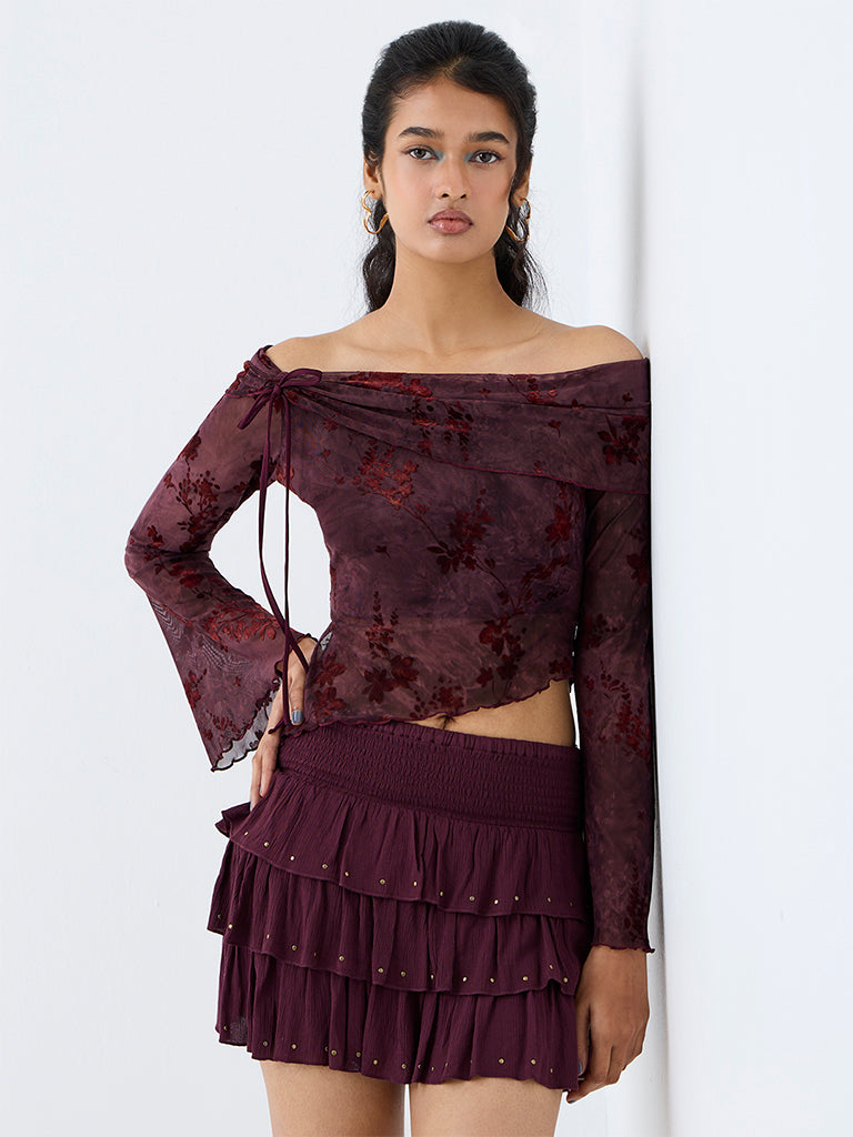 Nuon Dark Plum Floral Printed Off-Shoulder Top