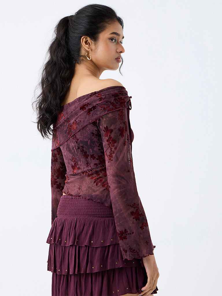Nuon Dark Plum Floral Printed Off-Shoulder Top