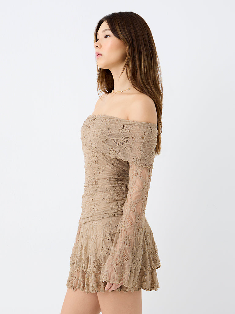 Nuon Beige Lace-Textured Off-Shoulder Dress