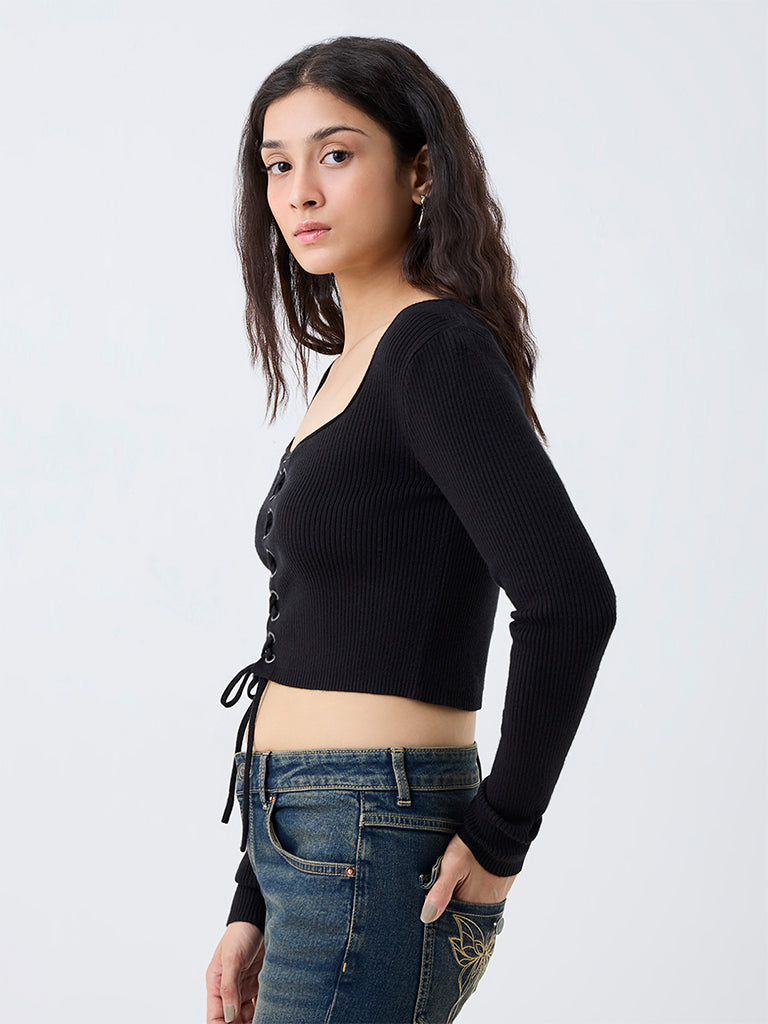 Nuon Black Criss-Cross Detail Ribbed Top