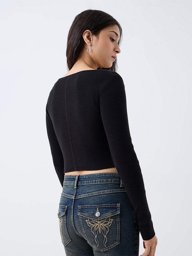 Nuon Black Criss-Cross Detail Ribbed Top