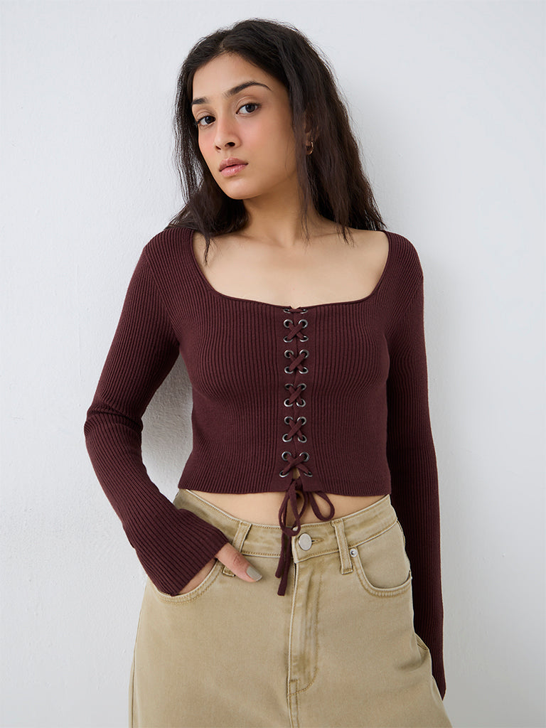 Nuon Dark Brown Criss-Cross Detail Ribbed Top