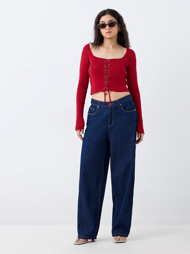 Nuon Red Criss-Cross Detail Ribbed Top