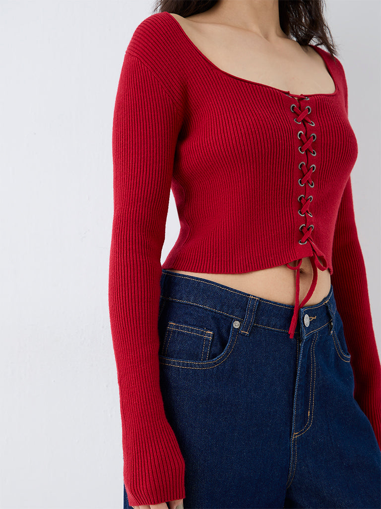 Nuon Red Criss-Cross Detail Ribbed Top