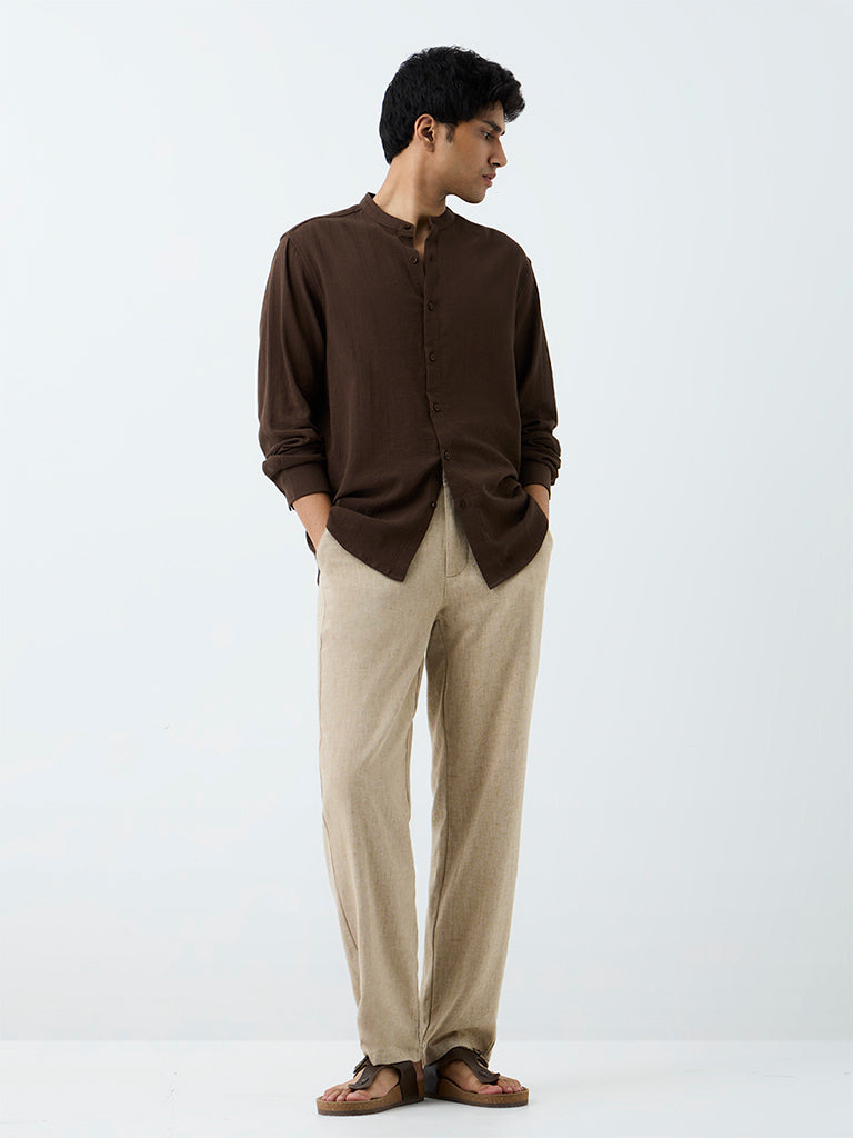 ETA Dark Brown Crinkle-Textured Relaxed-Fit Cotton Shirt