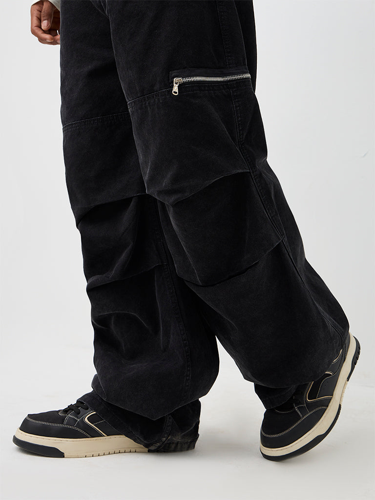Nuon Black Panelled Relaxed-Fit Mid-Rise Cargo Jeans