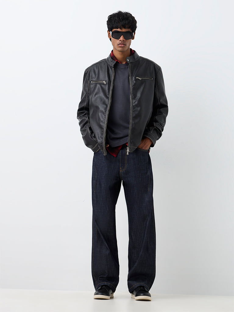 Nuon Black Relaxed-Fit Faux Leather Biker Jacket