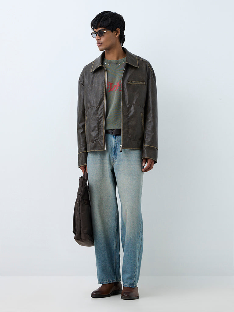 Nuon Dark Brown Washed-Effect Relaxed-Fit Faux Leather Jacket