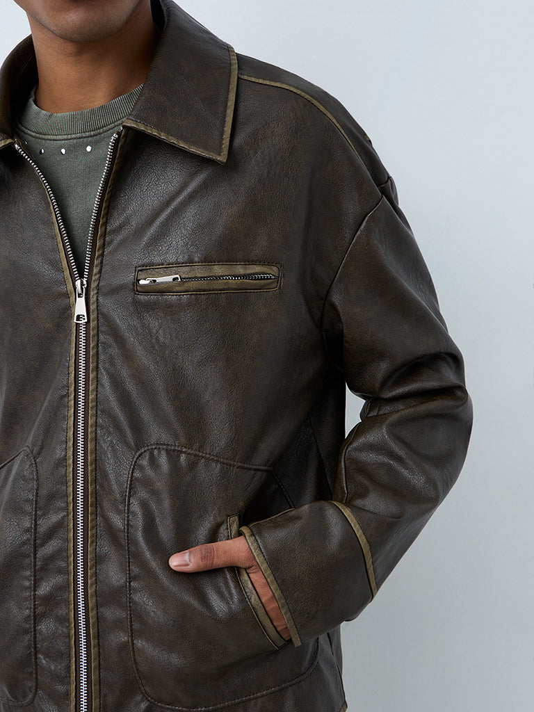 Nuon Dark Brown Washed-Effect Relaxed-Fit Faux Leather Jacket