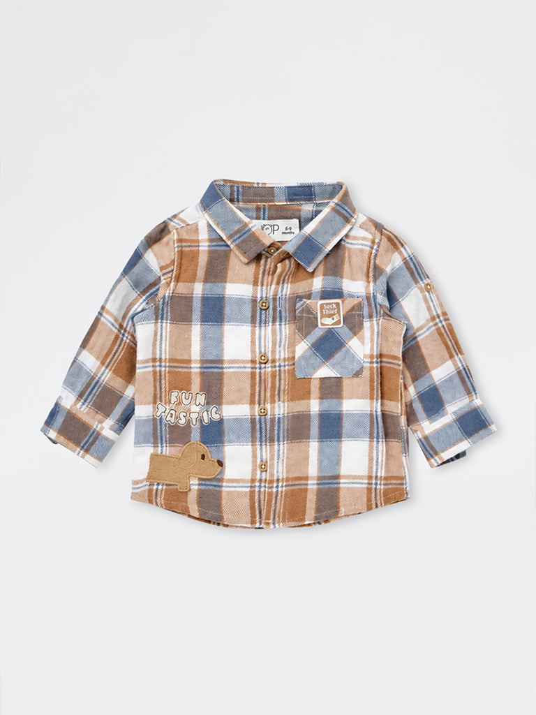 HOP Baby Boys Light Brown Checkered Cotton Shirt