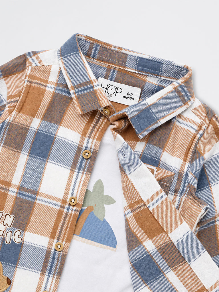 HOP Baby Boys Light Brown Checkered Cotton Shirt