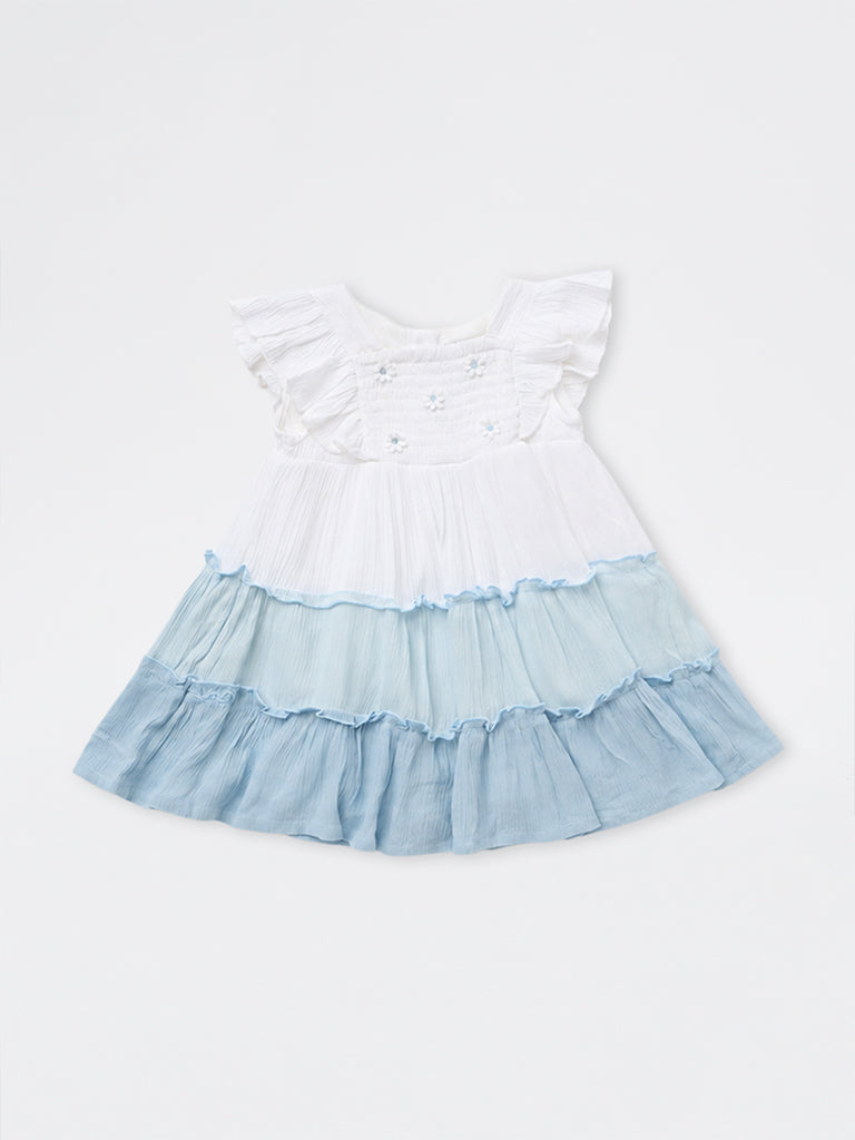 HOP Baby Girls White and Blue Floral Patterned Tiered Dress