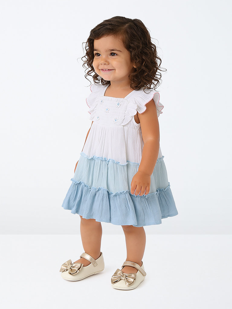 HOP Baby Girls White and Blue Floral Patterned Tiered Dress