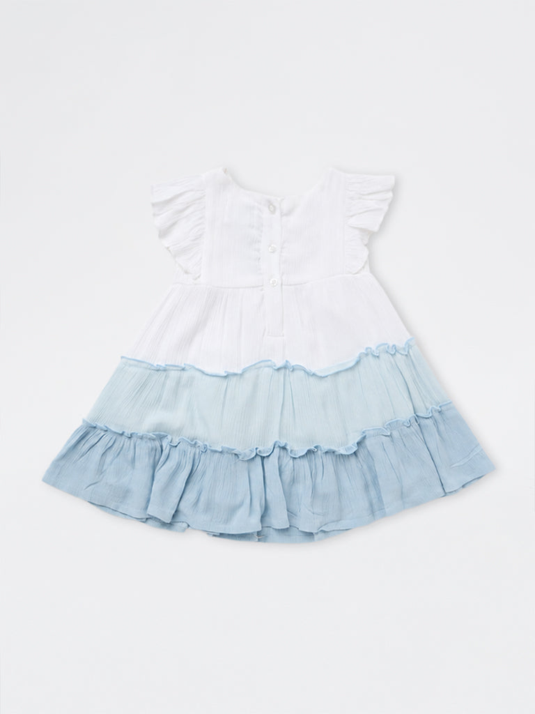 HOP Baby Girls White and Blue Floral Patterned Tiered Dress