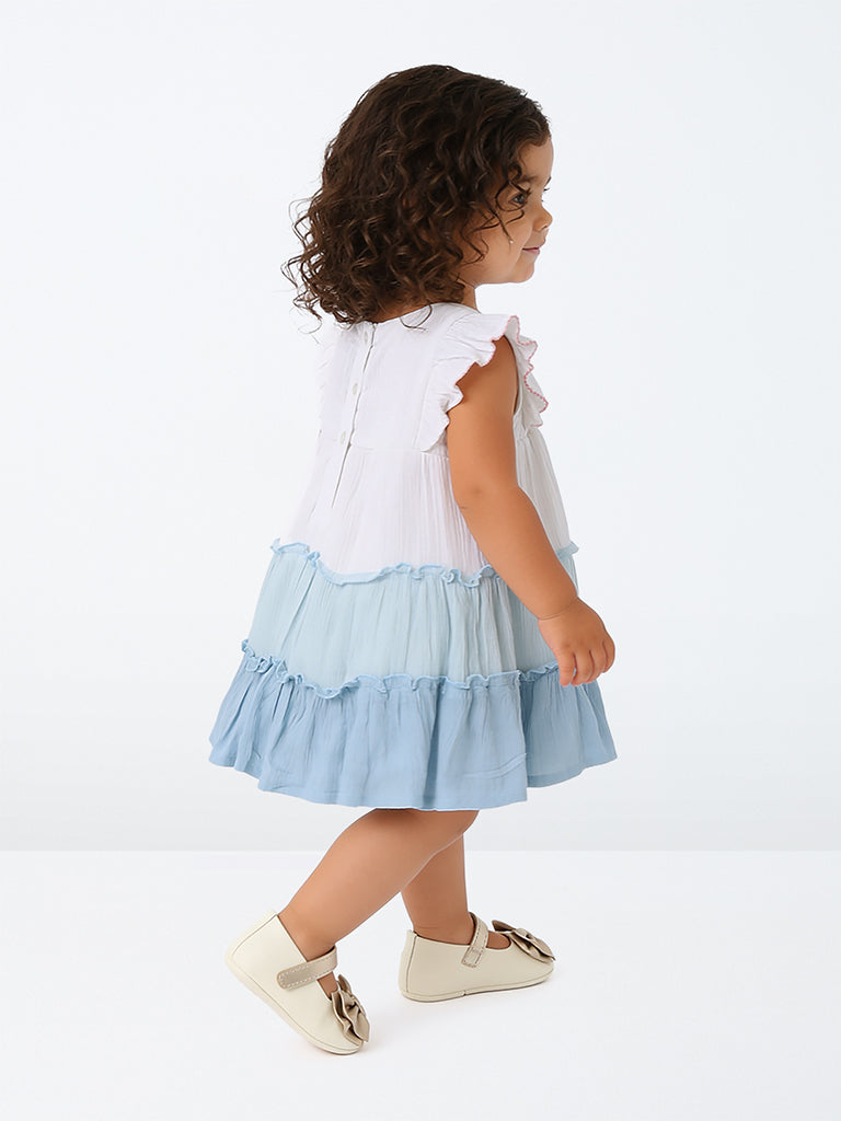 HOP Baby Girls White and Blue Floral Patterned Tiered Dress
