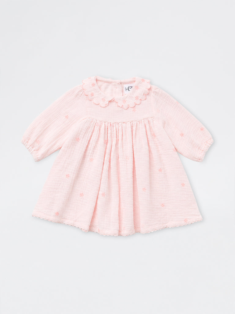 HOP Baby Girls Pink Crinkle-Textured Cotton Empire-Line Dress