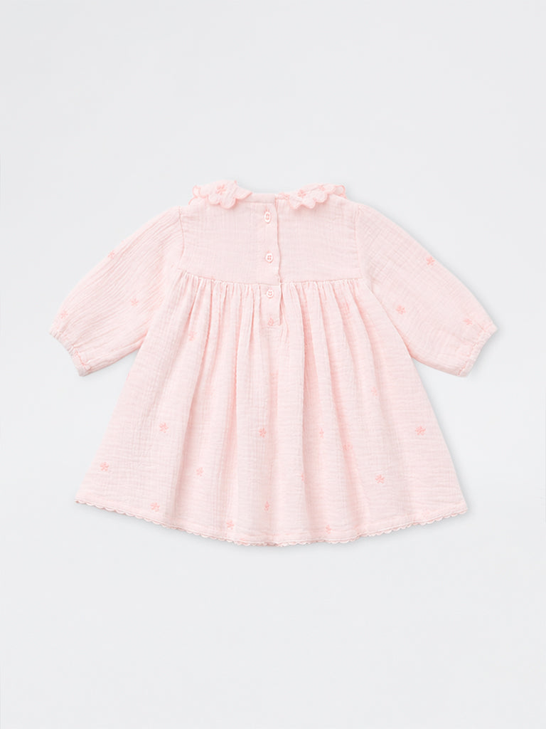 HOP Baby Girls Pink Crinkle-Textured Cotton Empire-Line Dress