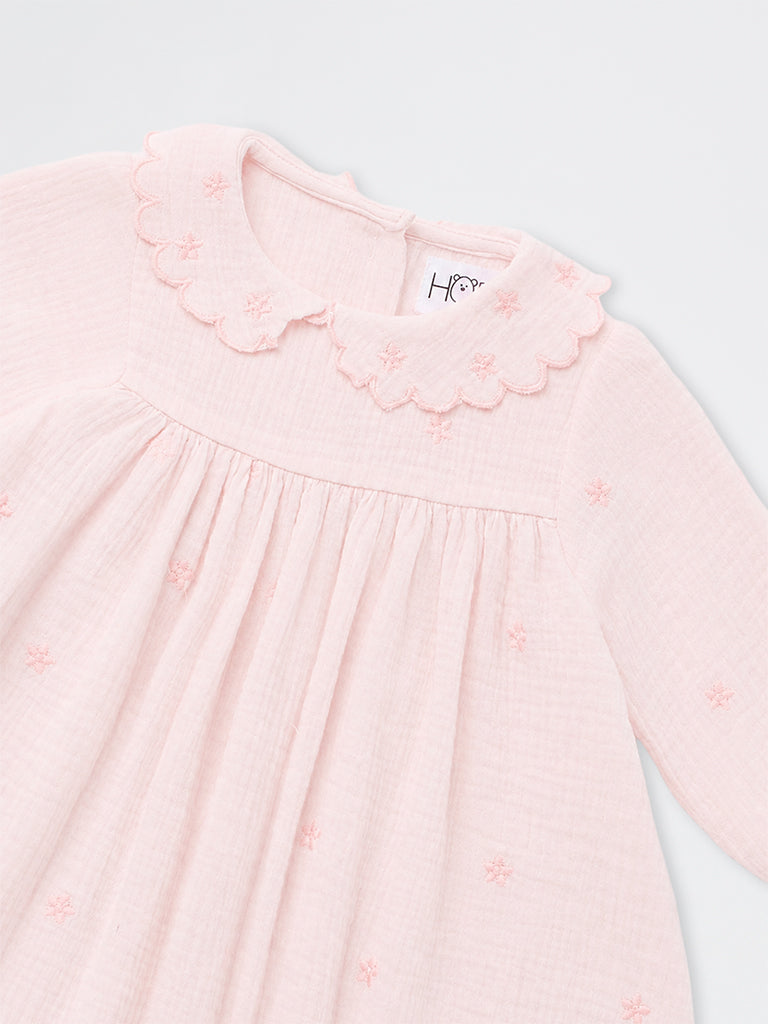 HOP Baby Girls Pink Crinkle-Textured Cotton Empire-Line Dress