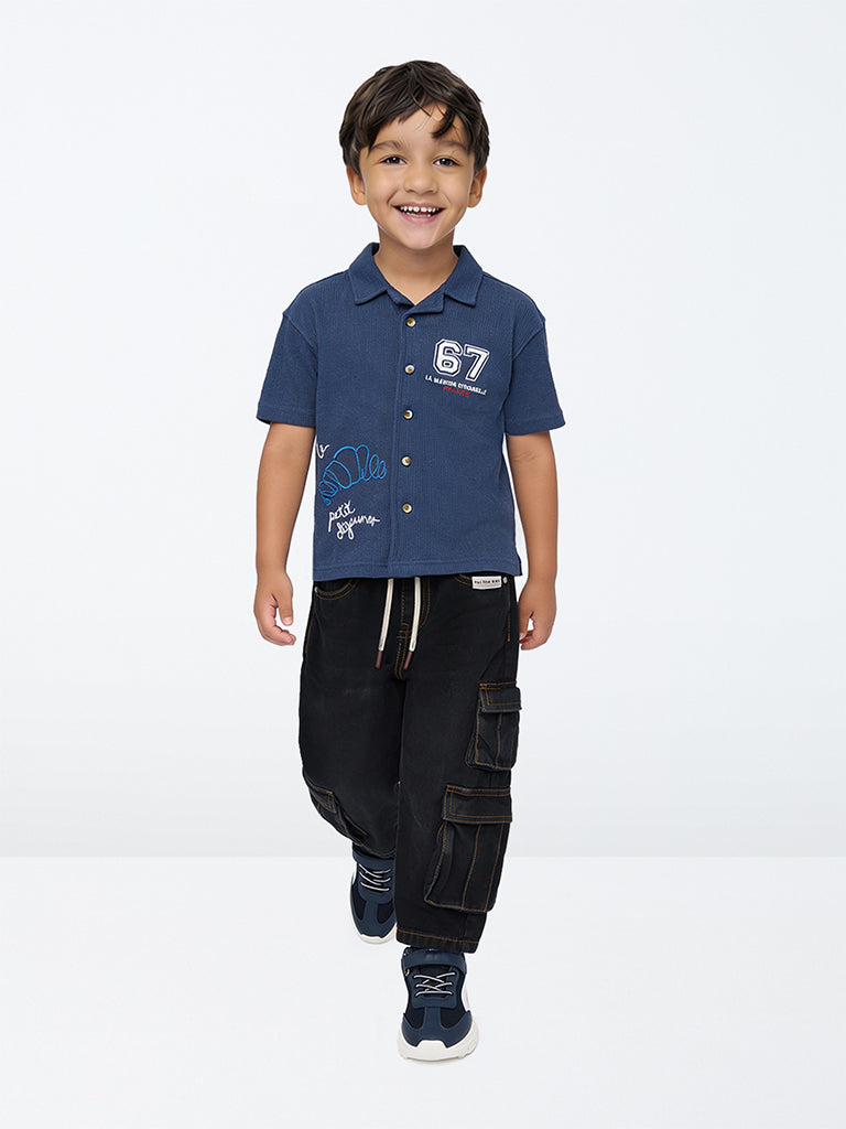 HOP Kids Boys Black Washed Mid-Rise Cargo Jeans