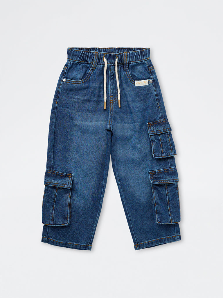HOP Kids Boys Dark Blue Washed Mid-Rise Cargo Jeans