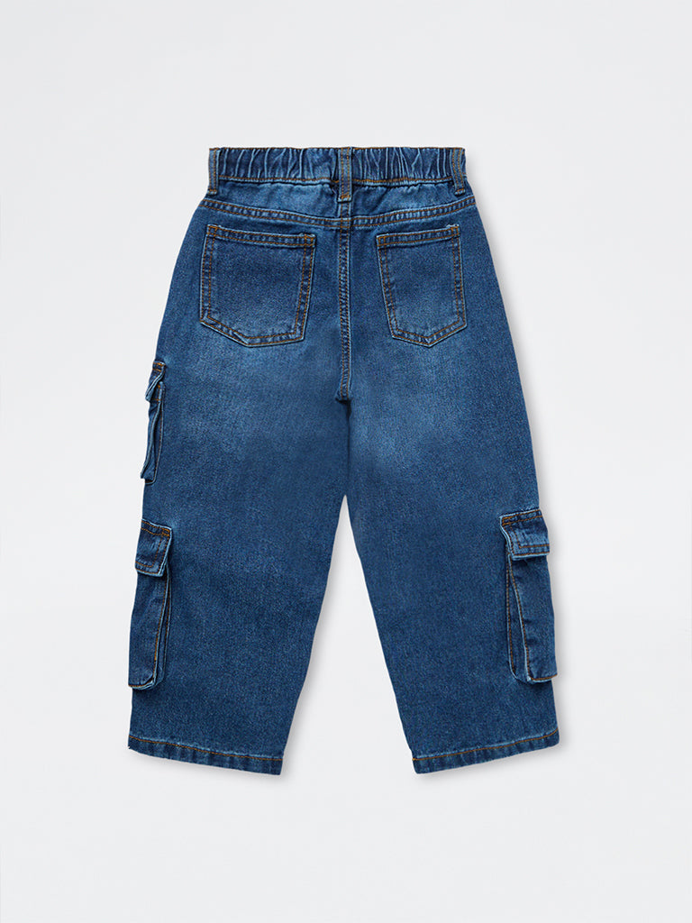 HOP Kids Boys Dark Blue Washed Mid-Rise Cargo Jeans