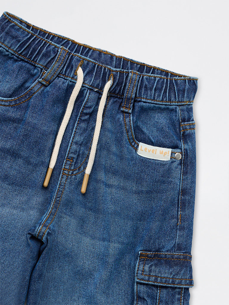 HOP Kids Boys Dark Blue Washed Mid-Rise Cargo Jeans
