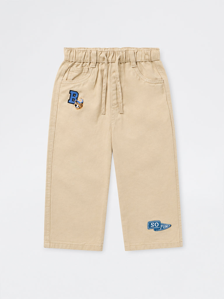 HOP Kids Boys Light Beige Patch-Detail Mid-Rise Relaxed-Fit Jeans