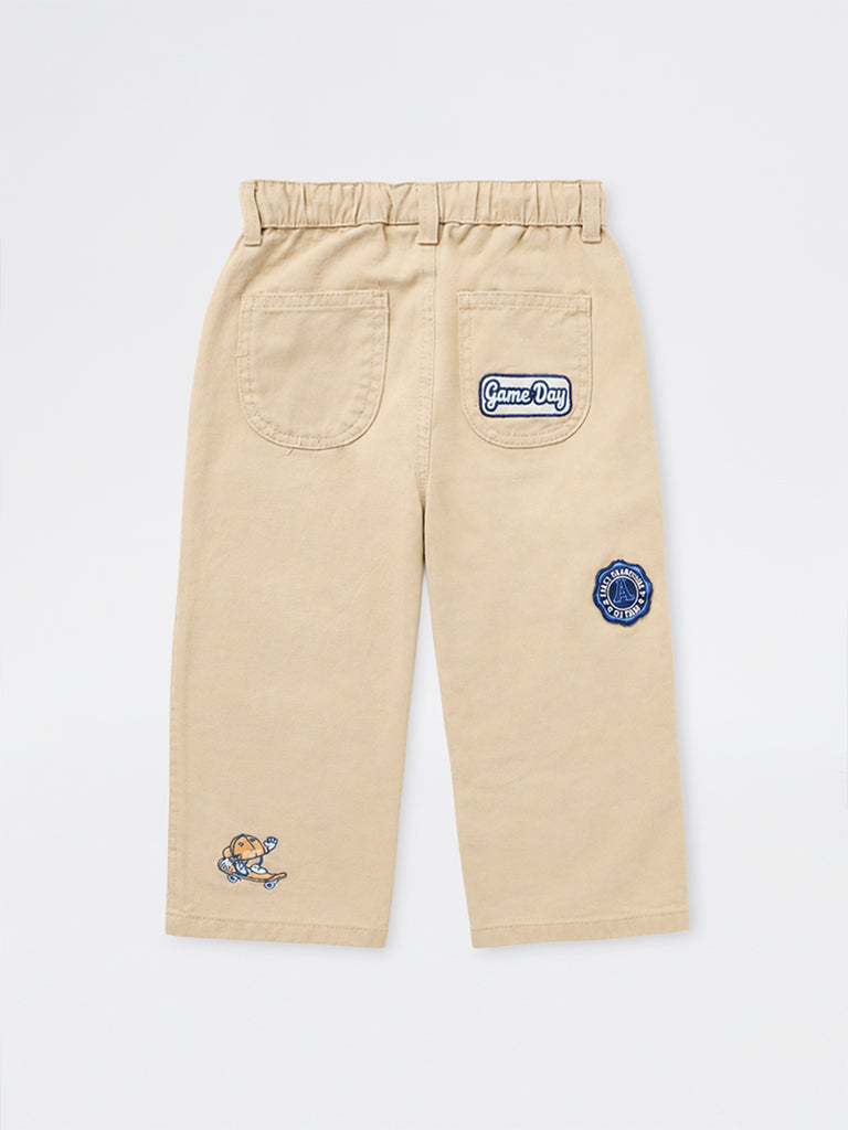 HOP Kids Boys Light Beige Patch-Detail Mid-Rise Relaxed-Fit Jeans