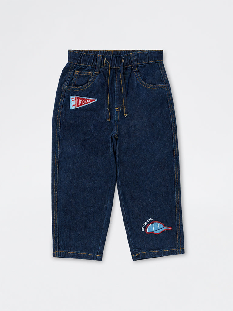 HOP Kids Boys Dark Blue Patch-Detail Mid-Rise Relaxed-Fit Jeans