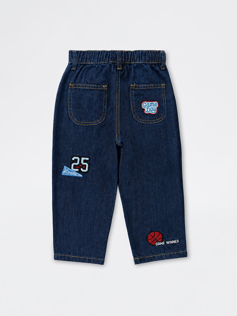HOP Kids Boys Dark Blue Patch-Detail Mid-Rise Relaxed-Fit Jeans