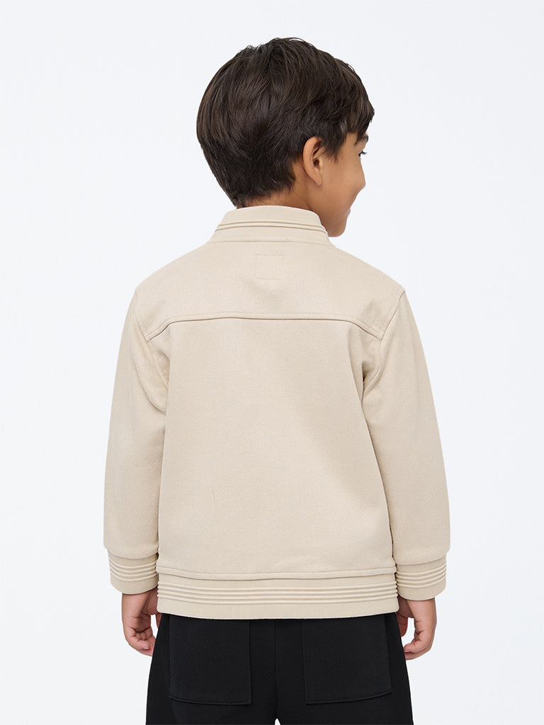 HOP Kids Boys Light Beige Solid Suede Jacket