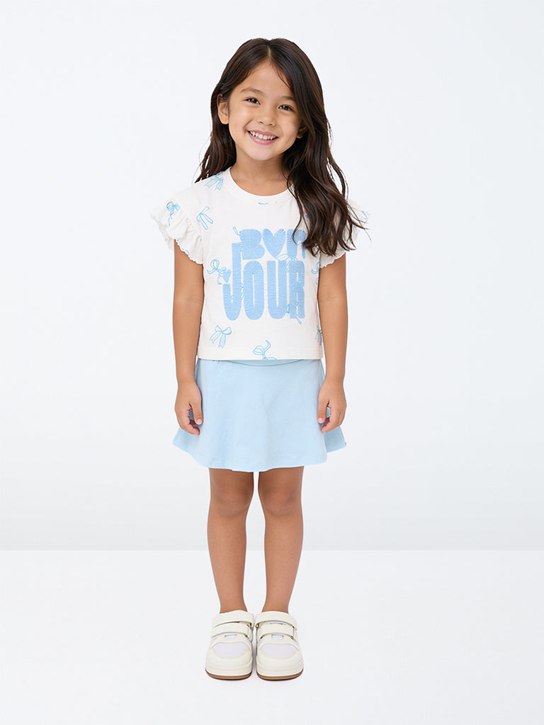 HOP Kids Girls White Text-Embroidered Cotton T-Shirt and Skirt Set