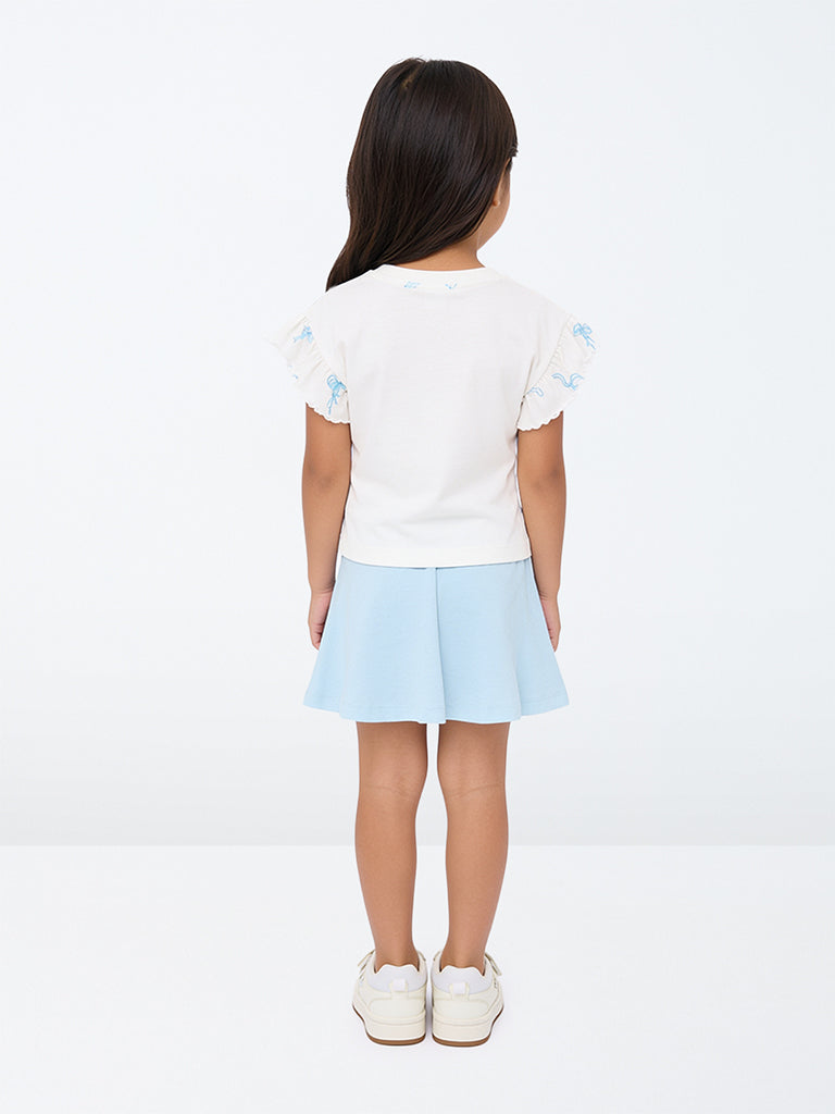 HOP Kids Girls White Text-Embroidered Cotton T-Shirt and Skirt Set