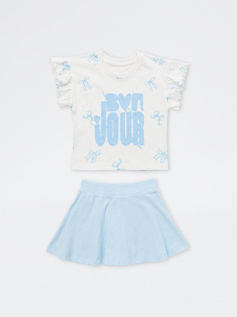 HOP Kids Girls White Text-Embroidered Cotton T-Shirt and Skirt Set