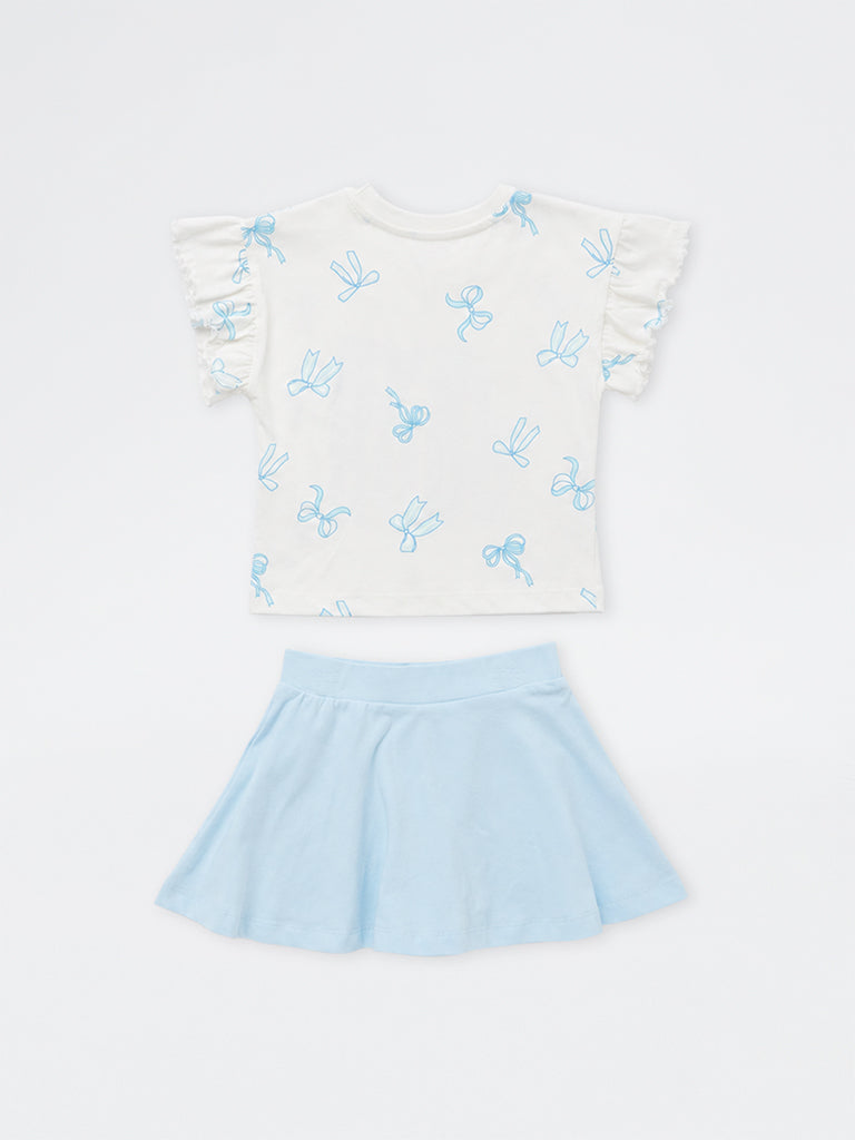 HOP Kids Girls White Text-Embroidered Cotton T-Shirt and Skirt Set