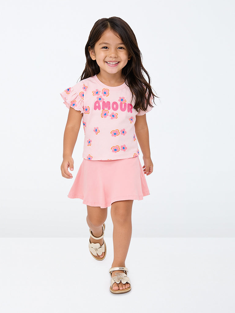 HOP Kids Girls Light Pink Floral Printed Cotton T-Shirt and Skirt Set