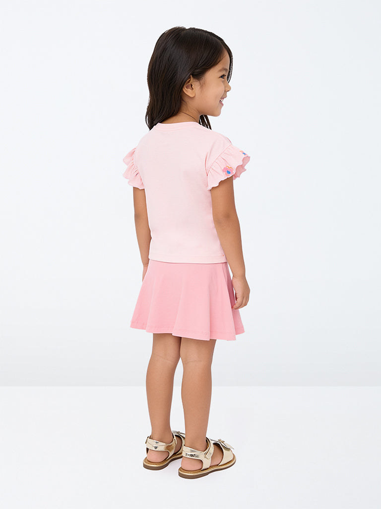 HOP Kids Girls Light Pink Floral Printed Cotton T-Shirt and Skirt Set