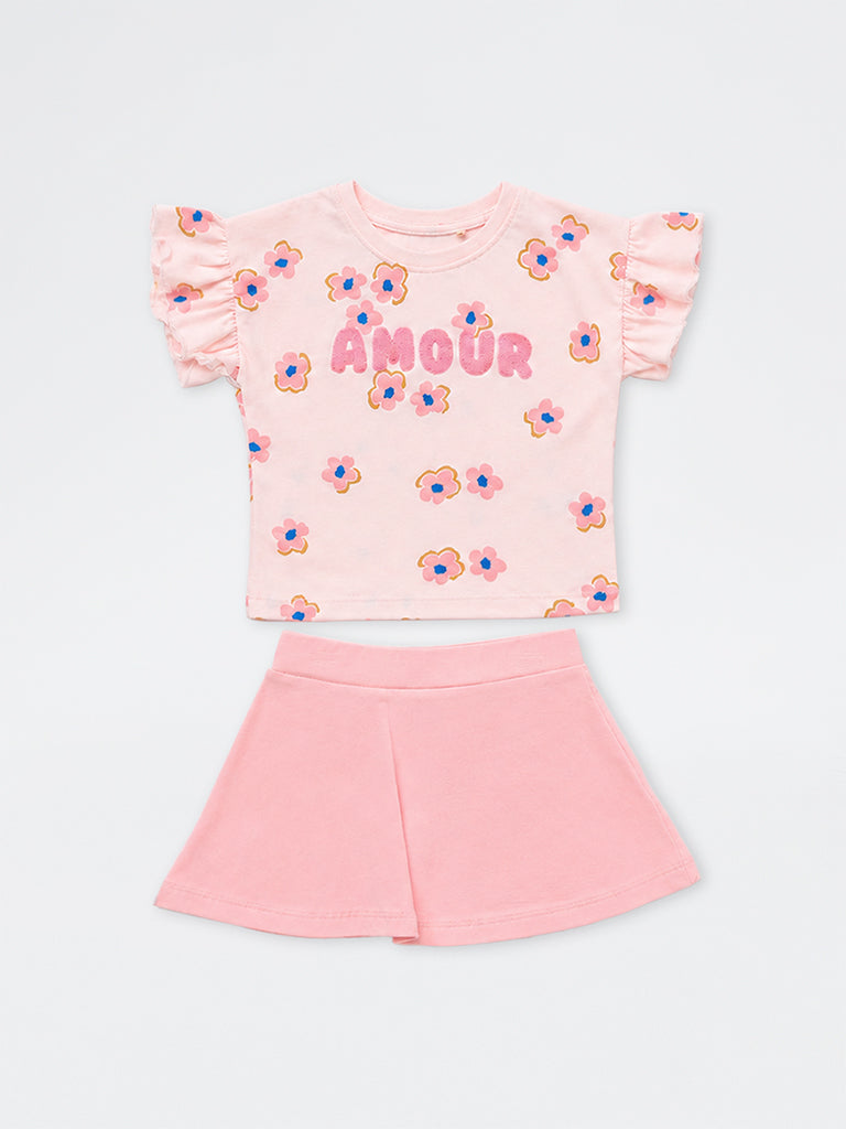 HOP Kids Girls Light Pink Floral Printed Cotton T-Shirt and Skirt Set