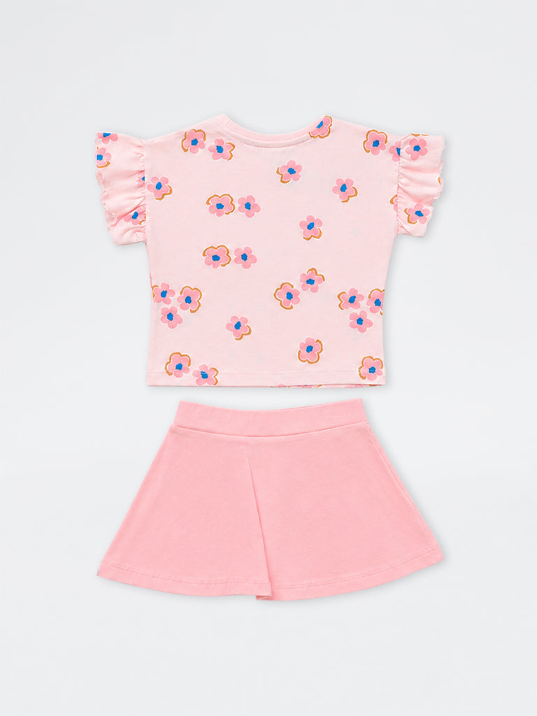 HOP Kids Girls Light Pink Floral Printed Cotton T-Shirt and Skirt Set