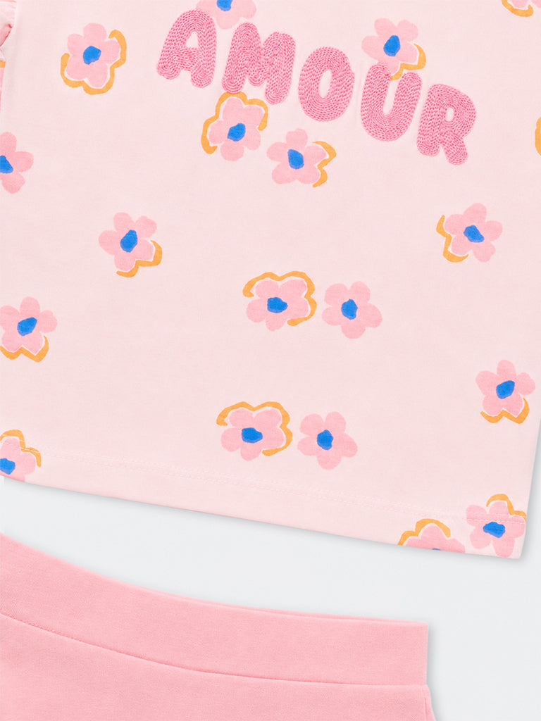 HOP Kids Girls Light Pink Floral Printed Cotton T-Shirt and Skirt Set