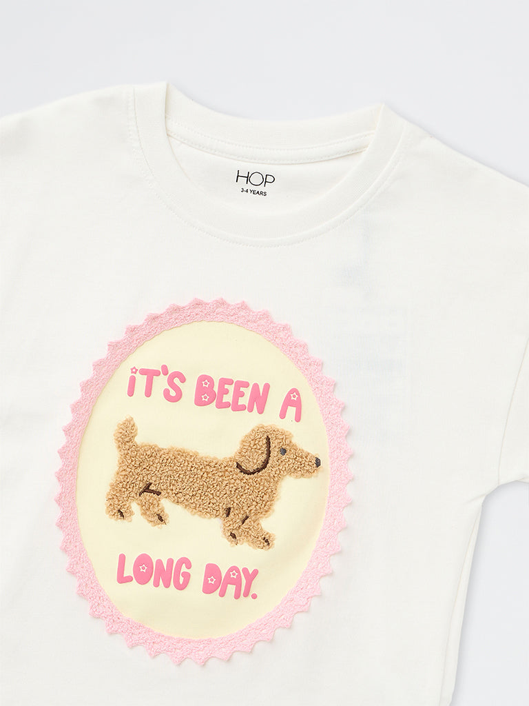 HOP Kids Girls Off-White Dog Design Cotton T-Shirt