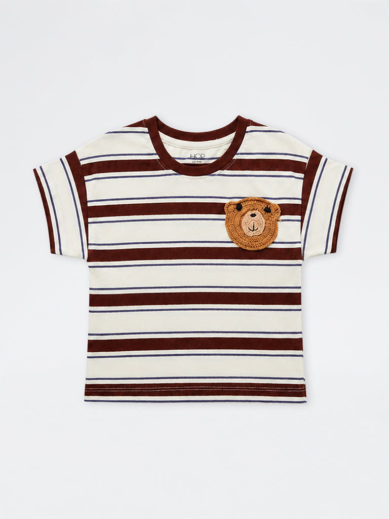 HOP Kids Girls Off-White Striped Cotton T-Shirt