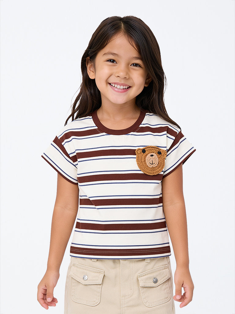 HOP Kids Girls Off-White Striped Cotton T-Shirt