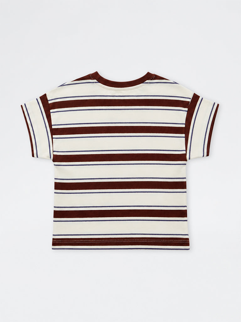HOP Kids Girls Off-White Striped Cotton T-Shirt