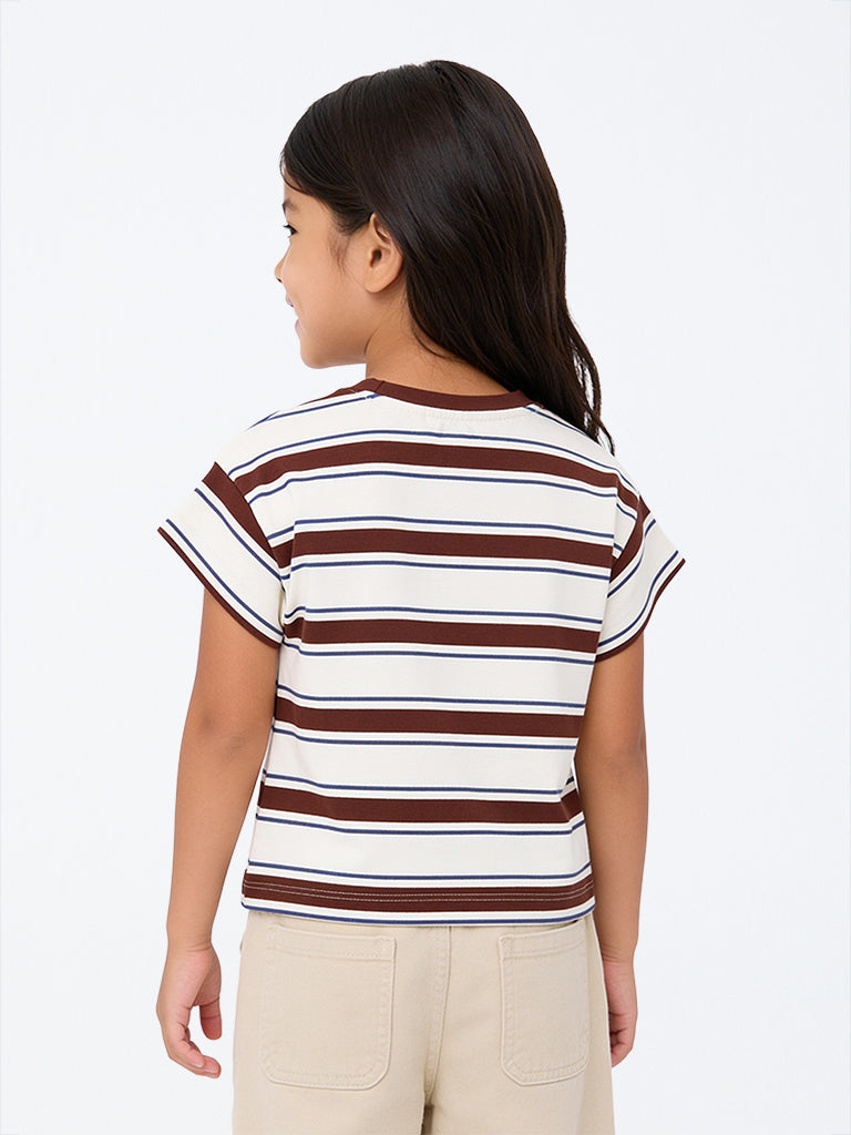 HOP Kids Girls Off-White Striped Cotton T-Shirt
