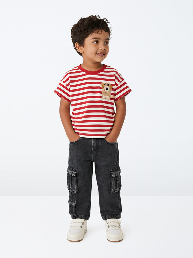 HOP Kids Girls Red Striped Cotton T-Shirt