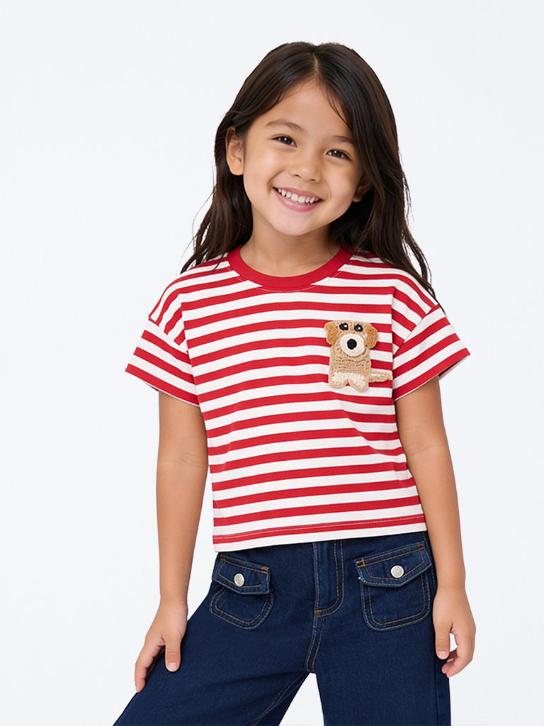 HOP Kids Girls Red Striped Cotton T-Shirt