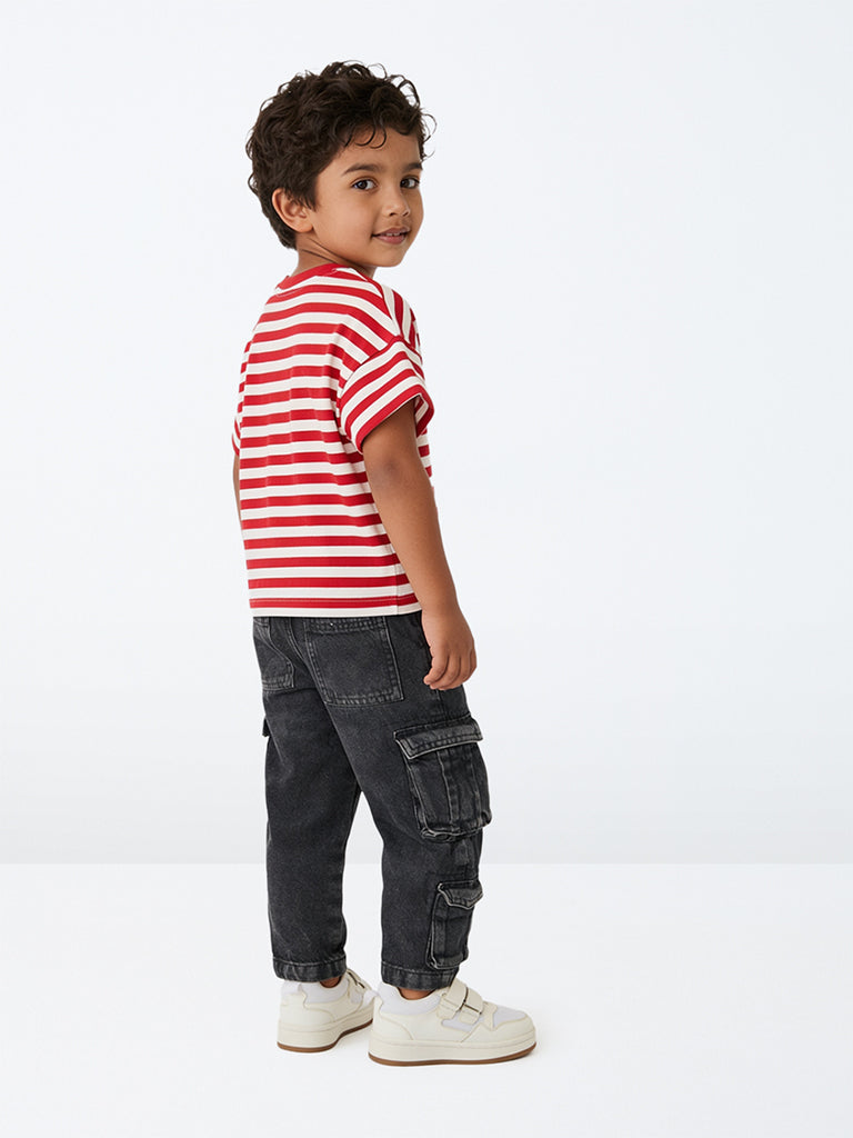HOP Kids Girls Red Striped Cotton T-Shirt